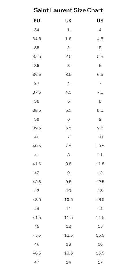 ysl yst laurent size chart.